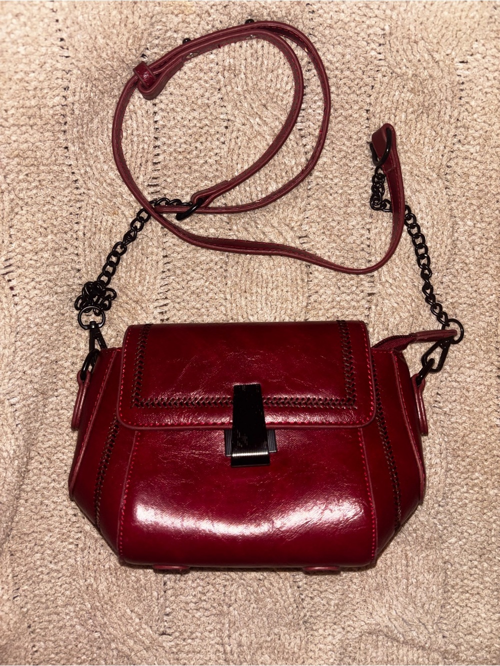 Burgundy Crossbody Bag Black Chain Strap Whipstitch Flap Clutch Mini Purse